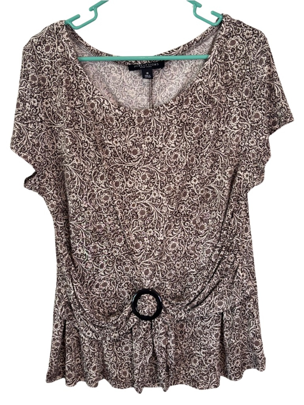 3/$20 Perceptions Brown & Cream Scoop Neck Blouse with Front Ring